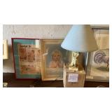 TWO FRAMED PRINTS, LAMP