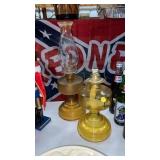 TWO VINTAGE OIL LAMPS, ONE MISSING CHIMNEY