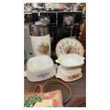 CORNINGWARE DISHES, TEA POT, CLOCK