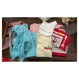 LOT OF VINTAGE APRONS, DISH TOWELS, ETC