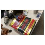 VINTAGE METAL COFFE TIN, MOTOR OIL CAN