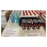 Jacks glasses & tray & coke glasses, jelly jars