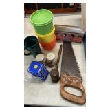 ANTIQUE SAW, TUPPERWARE, COCA COLA TIN, ETC