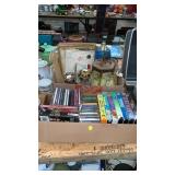 2 boxes of lamp,decor, vhs & cds,etc
