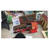 Box of vintage toy register, horse shoes , etc