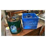 CRATE AND TIN OF TOYS