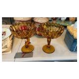 TWO AMBER GLASS CANDY DISHES