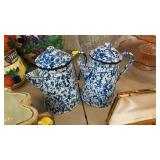 TWO BLUE SPECKLED ENAMEL COFFEE POTS