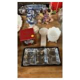 LOT OF DECOR, MILK GLASS, JAPAN FIGURES, ETC