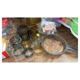 LOT OF VINTAGE GLASSES, CAST IRON SKILLET