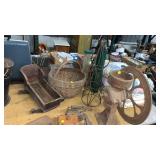 Basket, doll cradle & bird feeders , metal tree