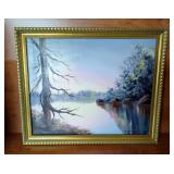 M Taliaferro 1985 Lakeside Landscape Framed Painting On Canvas