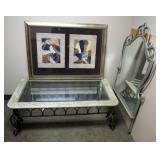 Two Abstract Paintings Framed And Under Glass 32"x44", Metal Framed Coffee Table With Glass 17"x50.5