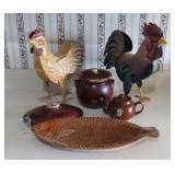 Metal Roosters and Stoneware