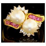 Elegant Double Pearl & Pink Sapphire Ring Elegant Double Pearl & Pink Sapphire Ring