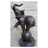 BRONZE STRIKING ELEPHANT ON BALL ON MARBLE BRONZE STRIKING ELEPHANT ON BALL ON MARBLE