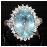 Platinum 6.29 ct Natural Aqumarine & Diamond Ring