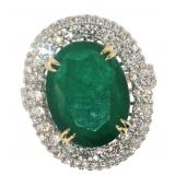 14k Gold 11.07 ct Natural Emerald & Diamond Ring