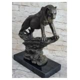 BRONZE MOUNTAIN LION ON ROCK ON MARBLE BASE