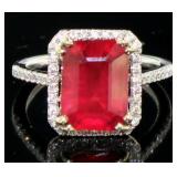14kt Gold 6.08 ct Step Cut Ruby & Diamond Ring