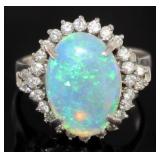 Platinum Natural Opal & Diamond Ring