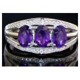 Genuine 2.20 ct Amethyst & Diamond 3 Stone Ring