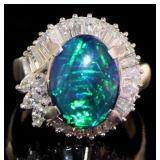 Platinum 6.86 ct Natural Black Opal & Diamond Ring