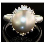 Platinum Gray Pearl & Natural Diamond Ring
