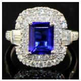 3/.Emerald Cut 3.66 ct Sapphire & Lab Diamond Ring