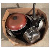 Box Lot Of Assorted Pots, Pans & Pressure Cooker
