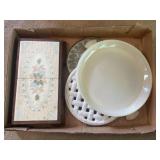 Tray Lot Of Assorted Trivets & Fire King Footed