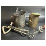 Vintage Sifters, Hand Crank Egg Beaters & Masher