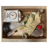 Tray Lot Of Assorted Items Including Floral Clock