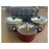 Tray Lot Of Assorted Stockpots, Muffin Pan & More