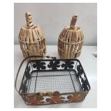 Metal Basket and Wicker Bottles