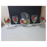 Painted cardinal water pitcher and glasses
