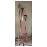 Walking stick, Drain spade and garden fork
