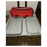 Three baking dishes and carrier