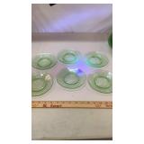 6 Uranium Green Vaseline Depression Glass Saucers