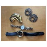 Vintage Broach, 2 Watches & Earrings **
