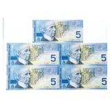 Canada,$5 Lot 5 In Sequence (HOH) Choice UNC Hocke