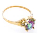 Ladies 10kt Gold Ring, Oval Mystic Topaz & 2 Diamo