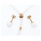 14kt Gold - Pearl Necklace & Stud Earrings, Gold B