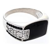 Estate Black Enamel & Gemstone Ring Silver