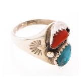 Vintage Sterling Silver Turquoise & Coral Ring Siz