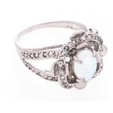 Sterling Silver Oval Opal & CZ Ring (Size 9)