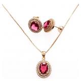 18kt BGO Earring & Necklace Set Oval Ruby Red. Swa