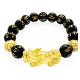 Black Onyx Bead & 24kt G.P. Flex Bracelet w/ PIXIU