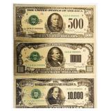 Lot 3 USA 24kt Gold Foil Collector Notes $500,$100
