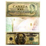 Group of 3 24Kt Gold Gilded USA & Canada $100 - Pl
